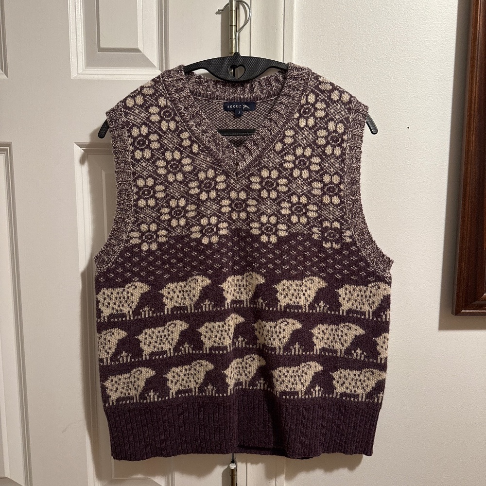 Soeur Purple Beige V Neck Sheep Wool Alpaca Sleeveless Vest NWOT